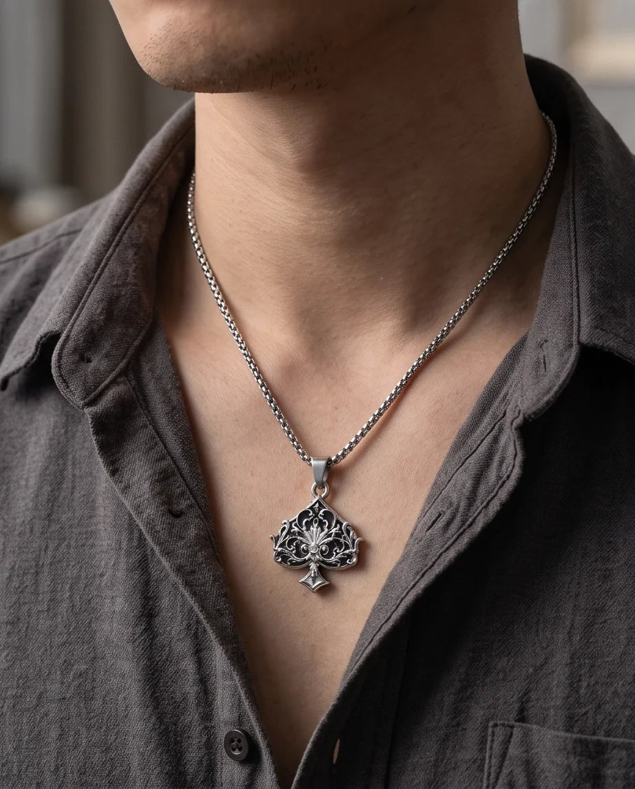 Silver Filigree Ace of Spades Pendant Necklace