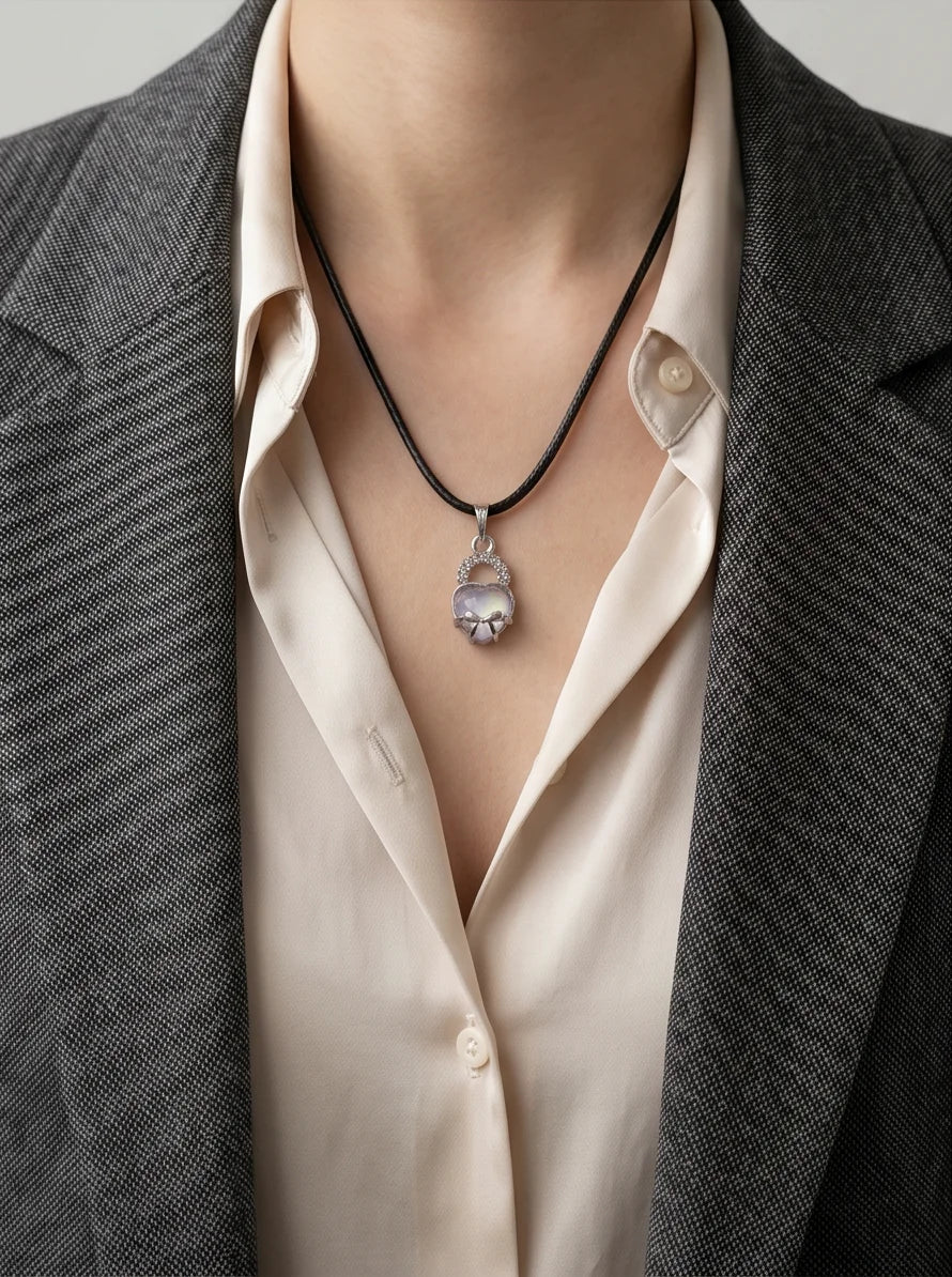 Opalite Heart Bow Lock Pendant Necklace