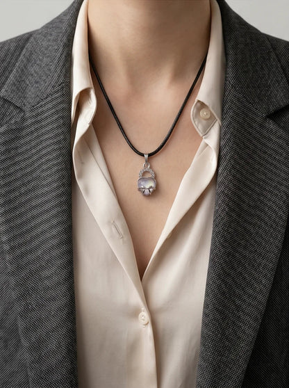 Opalite Heart Bow Lock Pendant Necklace