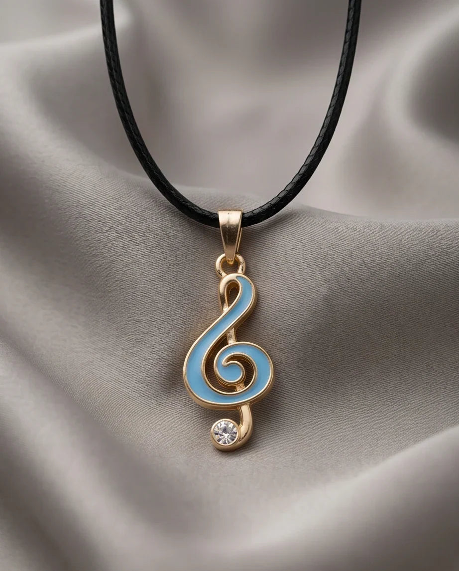 Gold Light Blue Treble Clef Music Necklace
