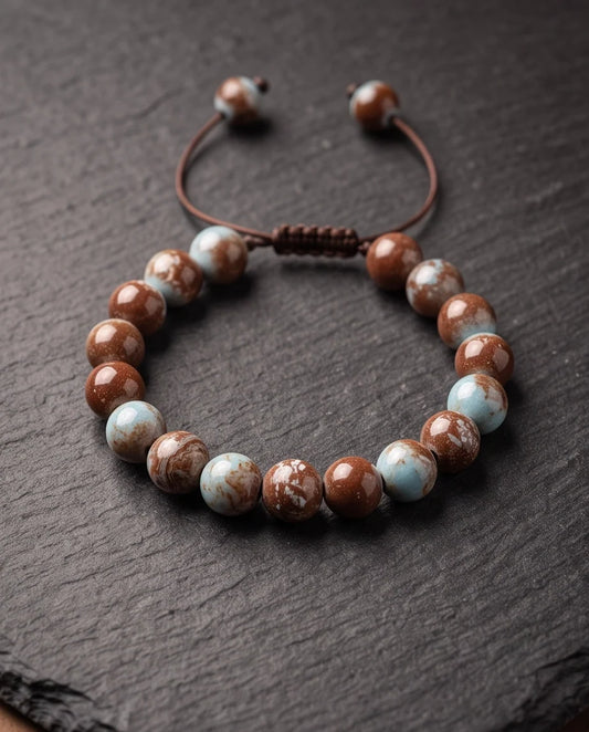 Earthy Rust & Teal Two-Tone Stone Beaded Adjustable Macrame Bracelet