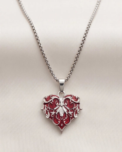 Silver Red Enamel Filigree Heart Pendant Necklace