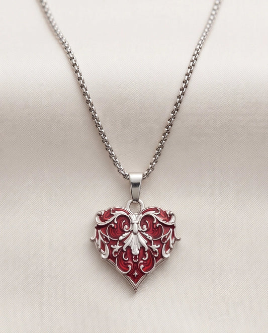 Silver Red Enamel Filigree Heart Pendant Necklace