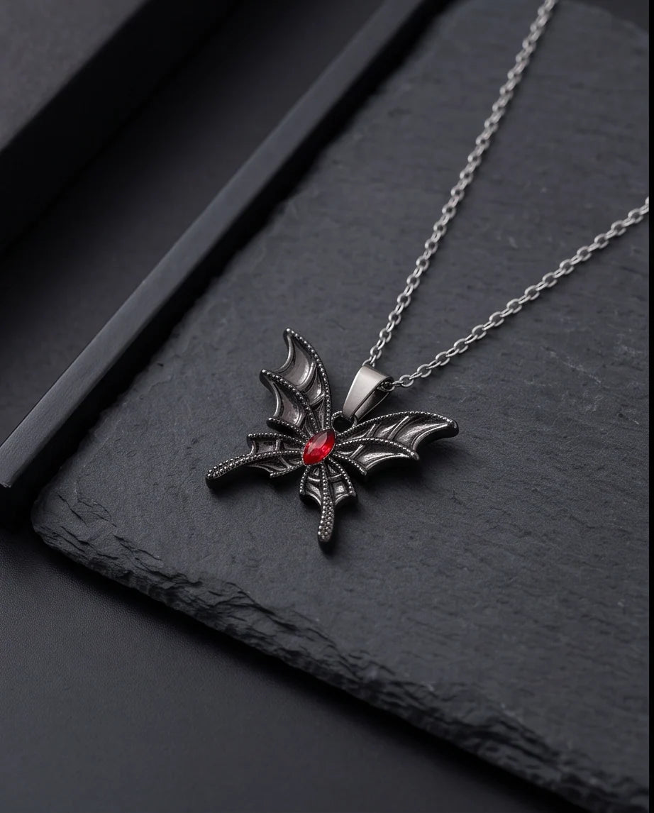 Black Bat-Wing Butterfly Red Gem Pendant Necklace