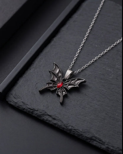 Black Bat-Wing Butterfly Red Gem Pendant Necklace
