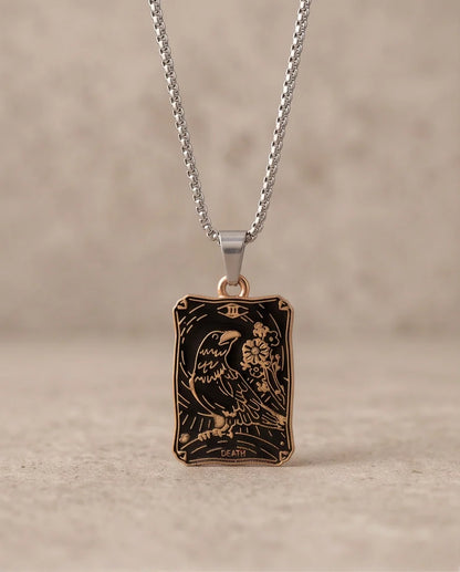 Gold "Death" Raven Tarot Card Pendant Necklace