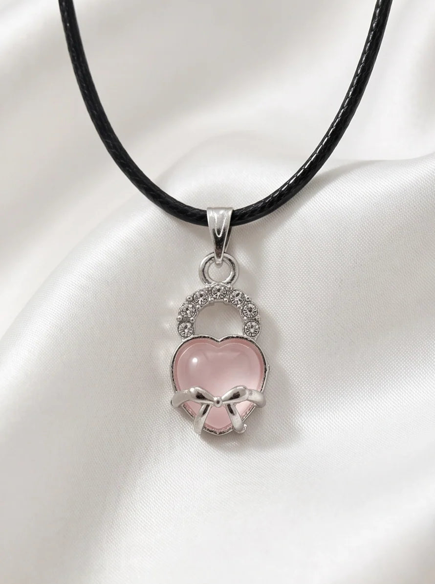 Pink Quartz Heart Bow Lock Pendant Necklace