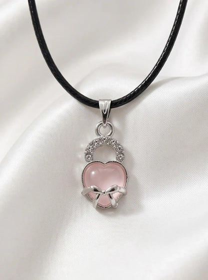 Pink Quartz Heart Bow Lock Pendant Necklace