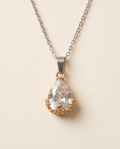 Gold Clear Teardrop Floral Basket Pendant Necklace