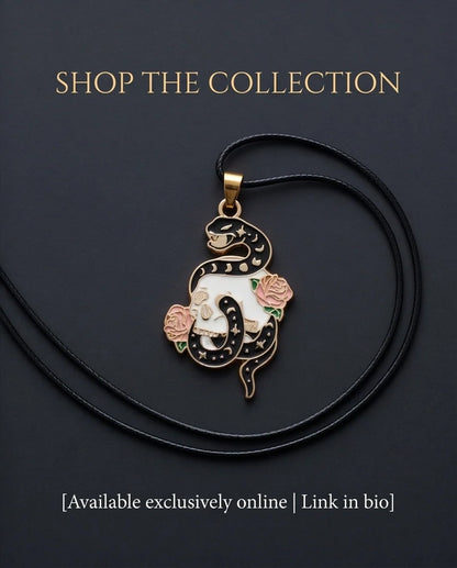 Gold Snake, Skull & Rose Enamel Pendant Necklace