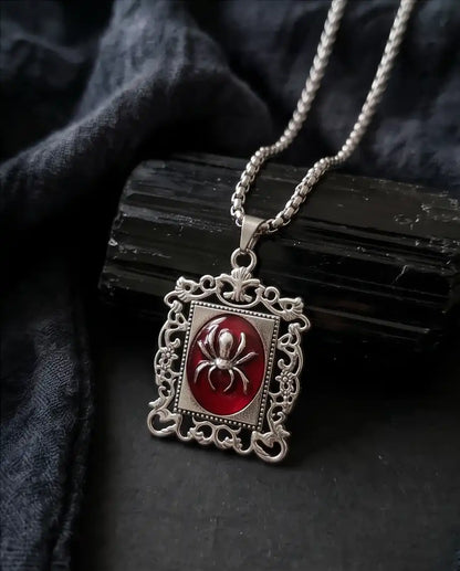 Gothic Red Enamel Spider Filigree Pendant Box Chain
