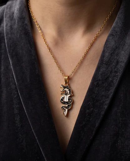 Gold Snake & Dagger Celestial Enamel Pendant Necklace