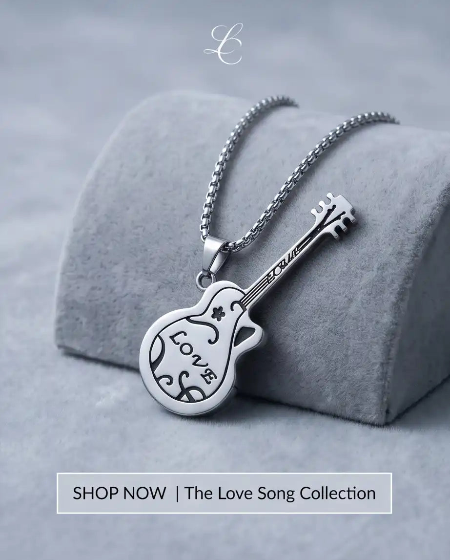 Engraved "Love" Acoustic Guitar Pendant Silver Box Chain Necklace