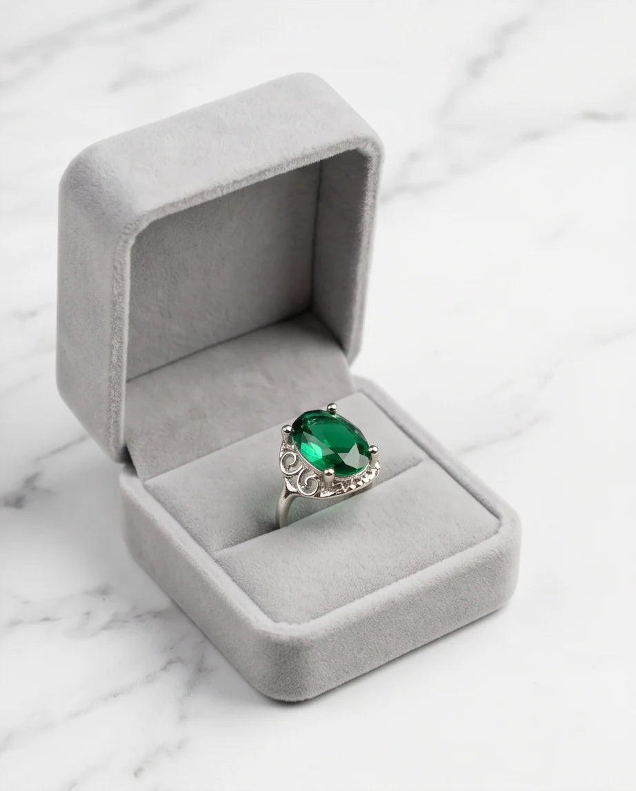 Silver Oval Emerald Gemstone Filigree Solitaire Ring
