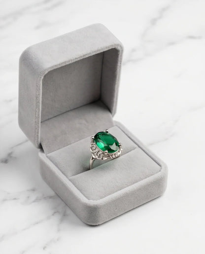 Silver Oval Emerald Gemstone Filigree Solitaire Ring