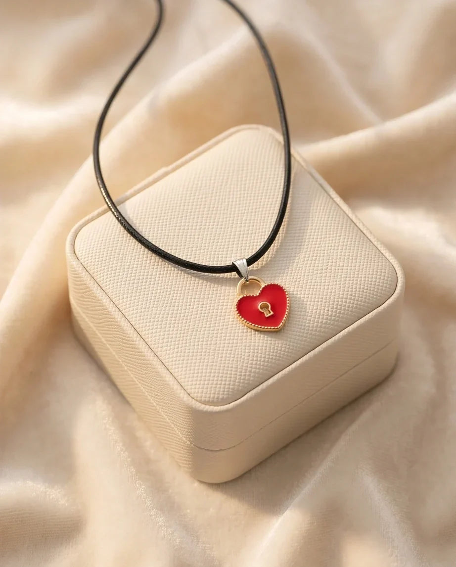 Gold and Red Heart Padlock Necklace