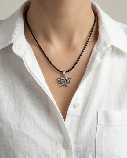 Silver Textured Butterfly Pendant Necklace