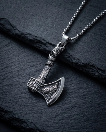 Silver Viking Axe Wolf Pendant Necklace