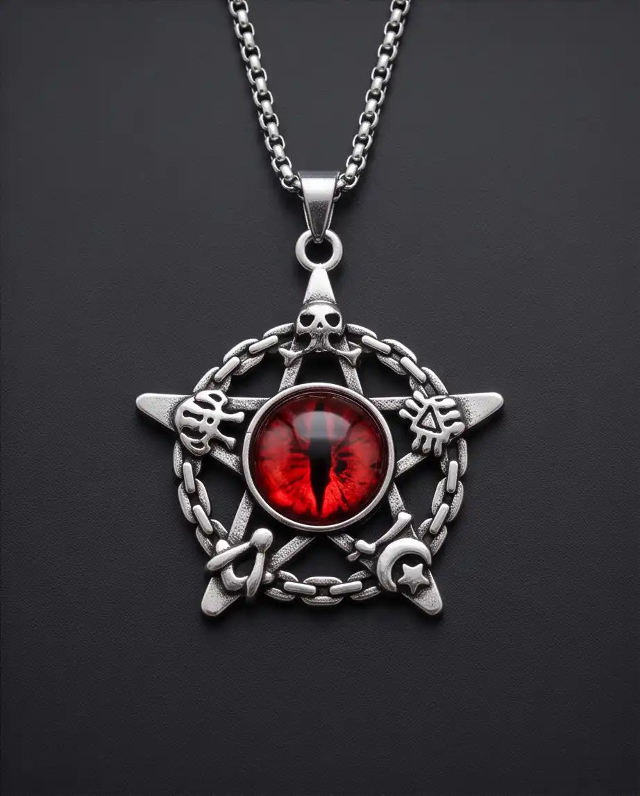 Red Dragon Eye Pentagram Occult Pendant Box Chain