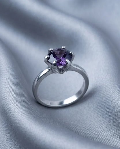 Sterling Silver Amethyst Purple Round Cut Solitaire Ring