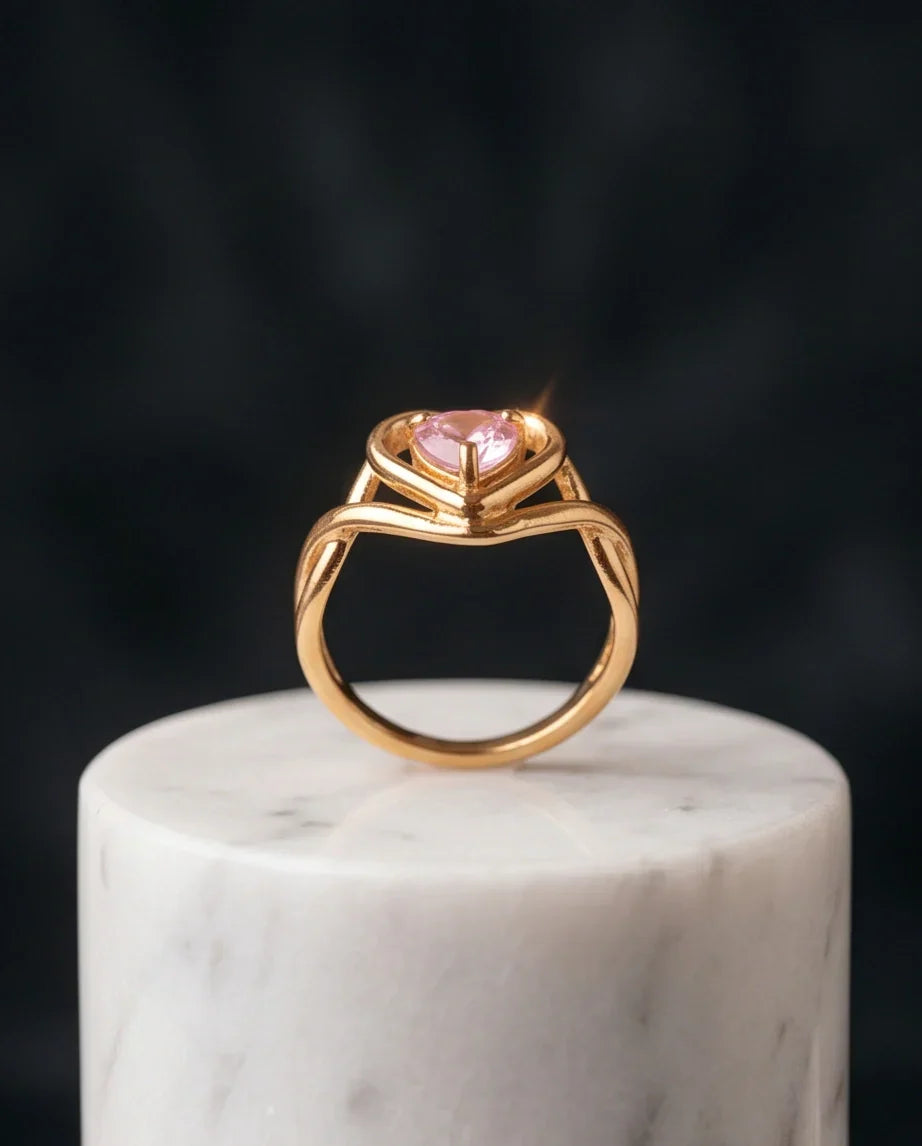 Gold Pink Tourmaline Heart Openwork Ring