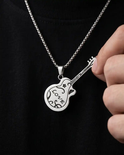 Engraved "Love" Acoustic Guitar Pendant Silver Box Chain Necklace
