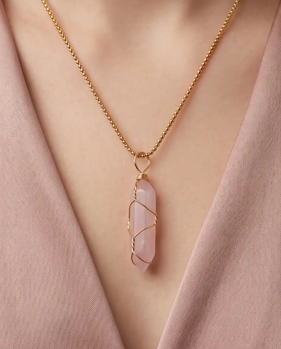 Wire-Wrapped Soft Pink Quartz Crystal Point Pendant Bead Chain