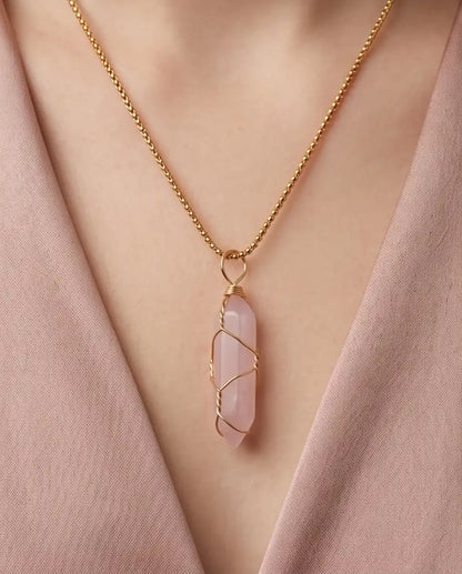 Wire-Wrapped Soft Pink Quartz Crystal Point Pendant Bead Chain