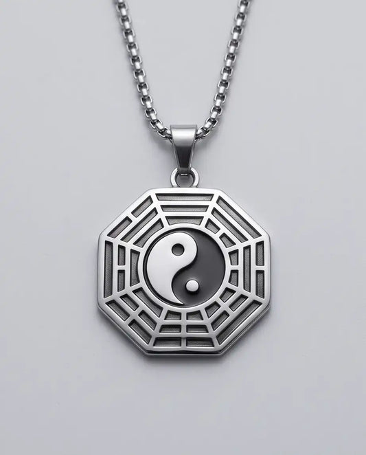 Silver Bagua Yin Yang Octagon Cord Necklace