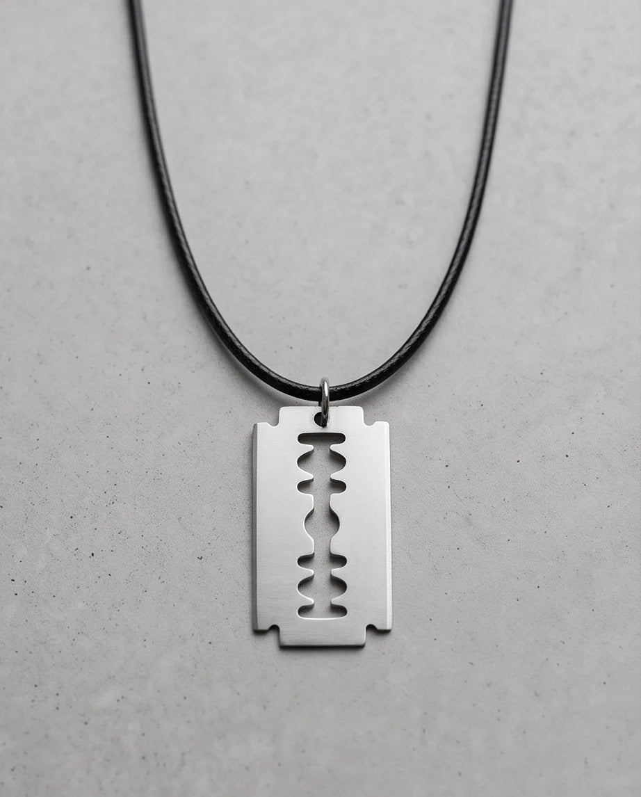 Brushed Silver Razor Blade Cord Necklace