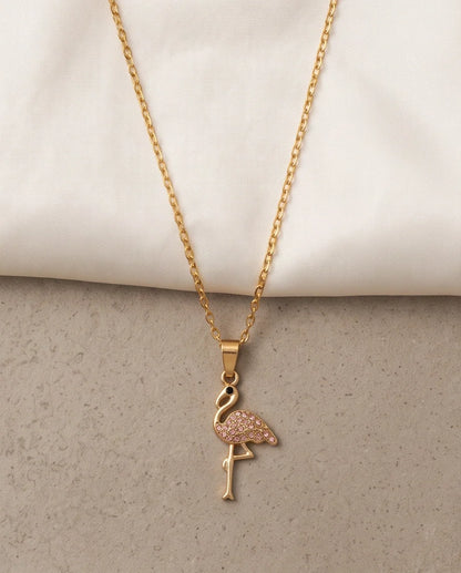 Gold Pink Crystal Paved Flamingo Pendant Necklace