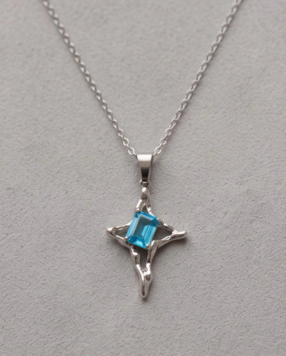 Silver Blue Gemstone Gothic Cross Pendant Necklace