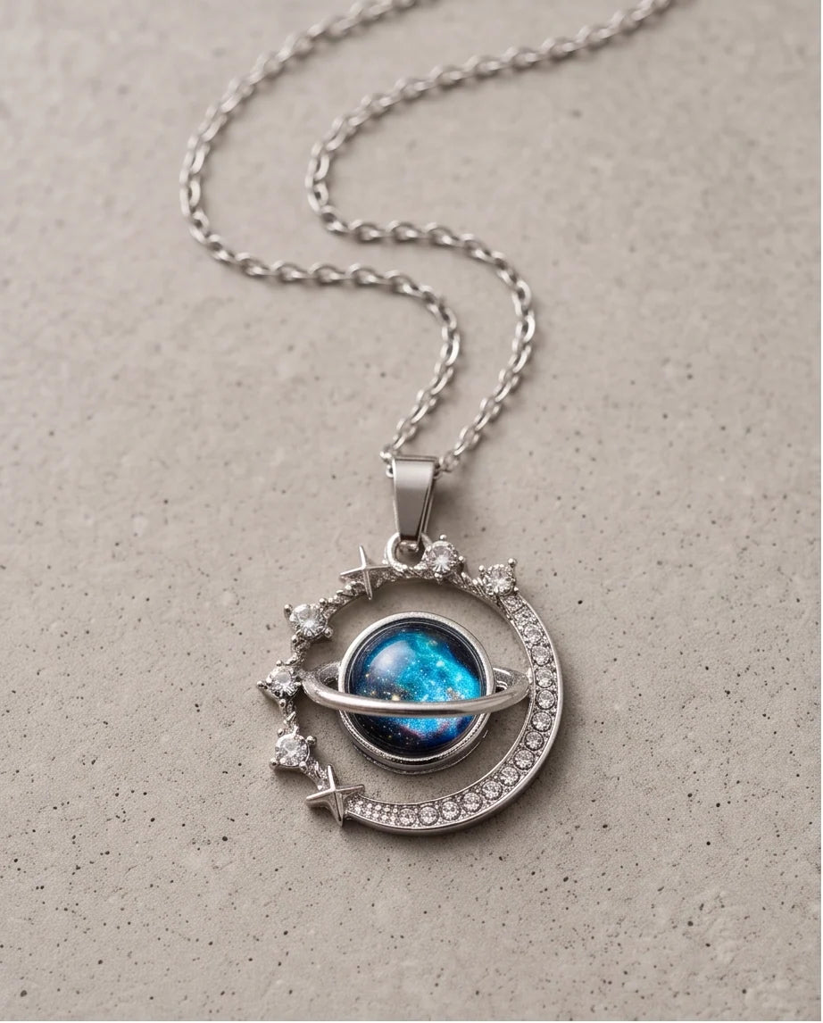 Silver Cosmic Galaxy Planet Crescent Pendant Necklace