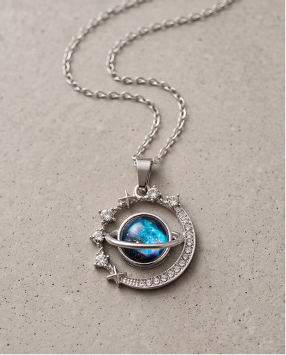 Silver Cosmic Galaxy Planet Crescent Pendant Necklace