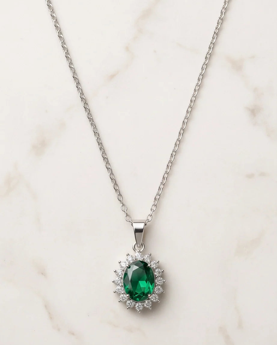 Silver Emerald Green Oval Halo Medallion Pendant Necklace