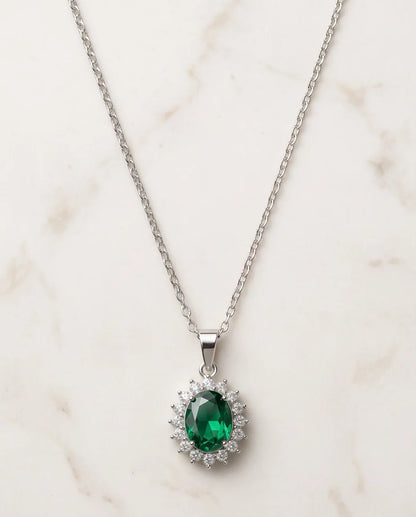 Silver Emerald Green Oval Halo Medallion Pendant Necklace
