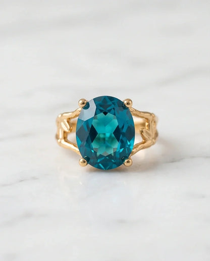 Gold Plated Aqua Blue Topaz Bamboo Leaf Ring