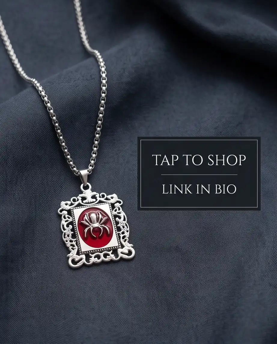 Gothic Red Enamel Spider Filigree Pendant Box Chain