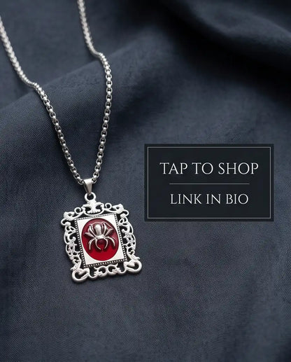 Gothic Red Enamel Spider Filigree Pendant Box Chain