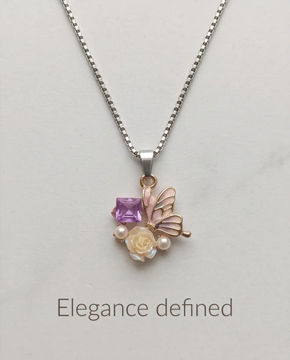 Gold Purple Enamel Butterfly & Pearl Rose Cluster Pendant Necklace
