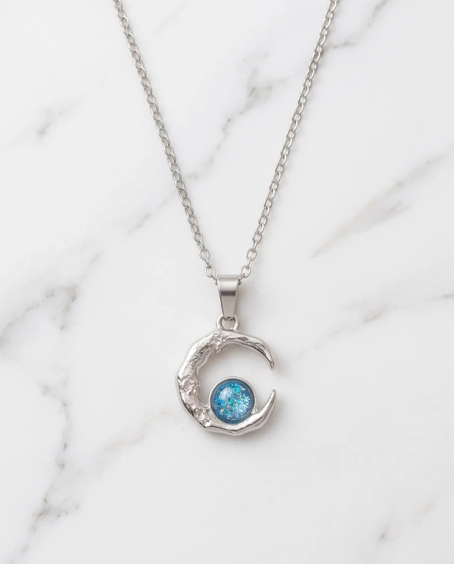 Silver Hammered Crescent Moon Blue Opal Orb Pendant Necklace