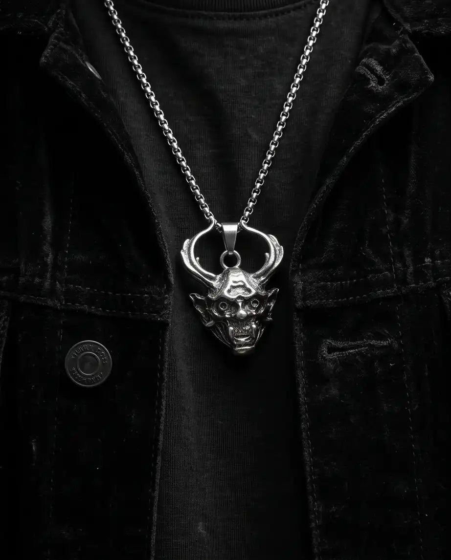 Antiqued Horned Oni Demon Mask Pendant Box Chain