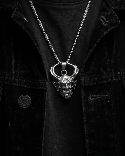 Antiqued Horned Oni Demon Mask Pendant Box Chain