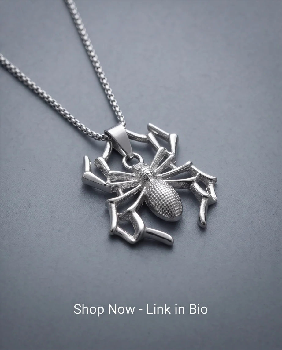 Silver Textured Spider Pendant Necklace