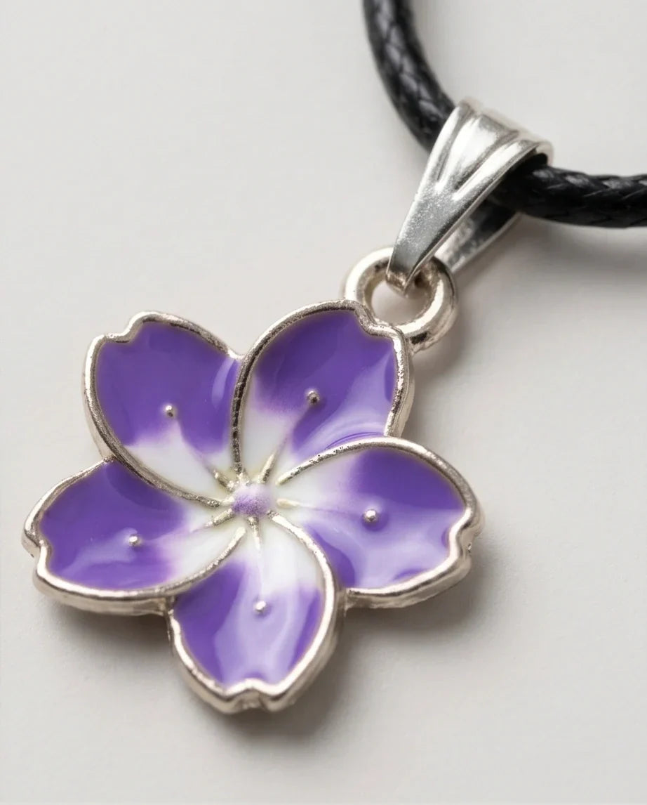Elegant Purple and White Floral Enamel Pendant Necklace