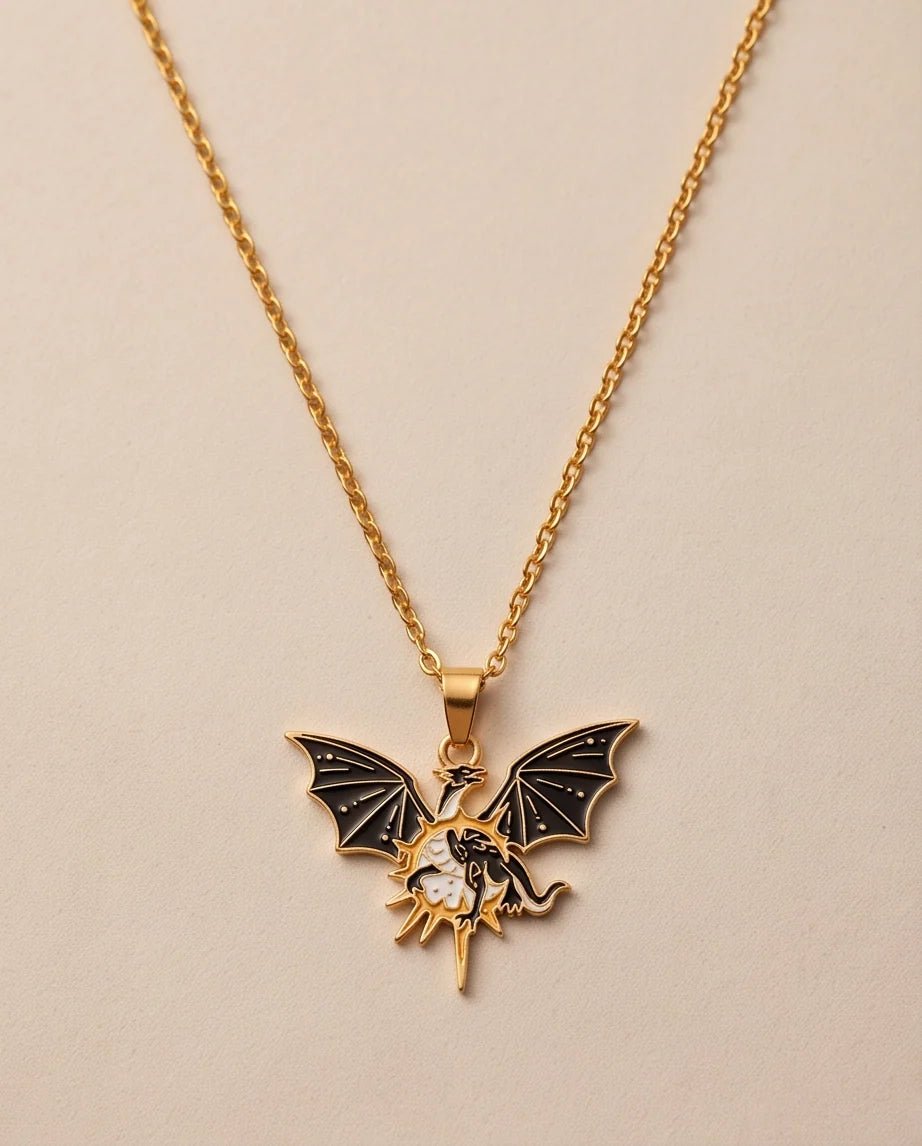 Gold Celestial Winged Dragon Enamel Pendant Necklace