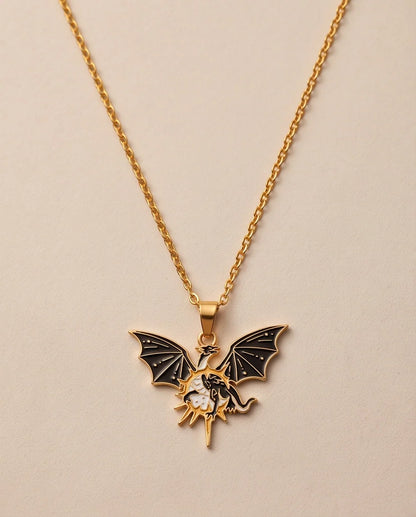 Gold Celestial Winged Dragon Enamel Pendant Necklace