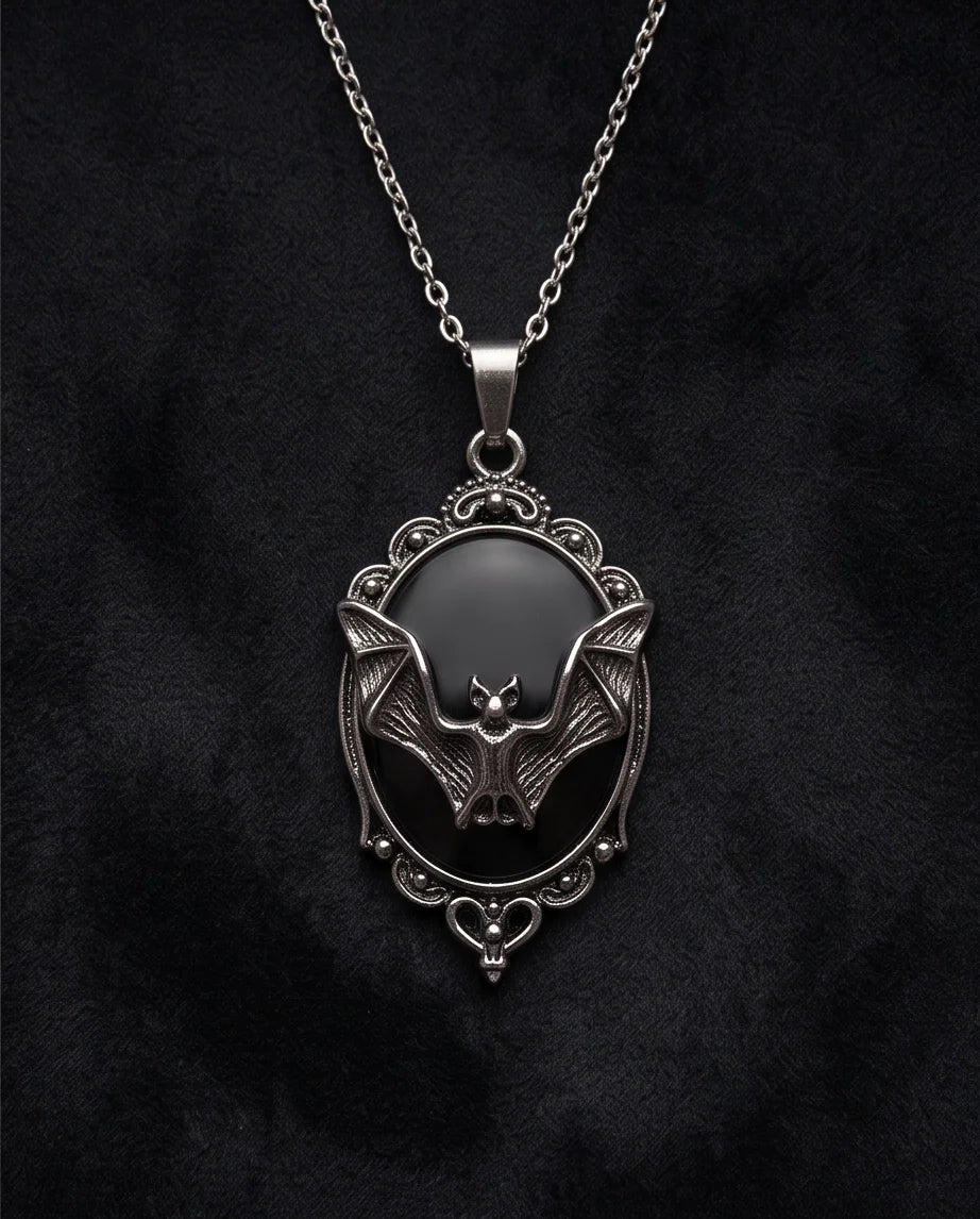 Antique Silver Gothic Bat Black Enamel Medallion Chain Necklace