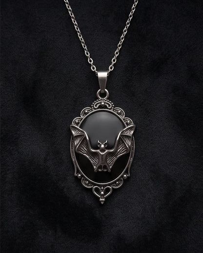 Antique Silver Gothic Bat Black Enamel Medallion Chain Necklace