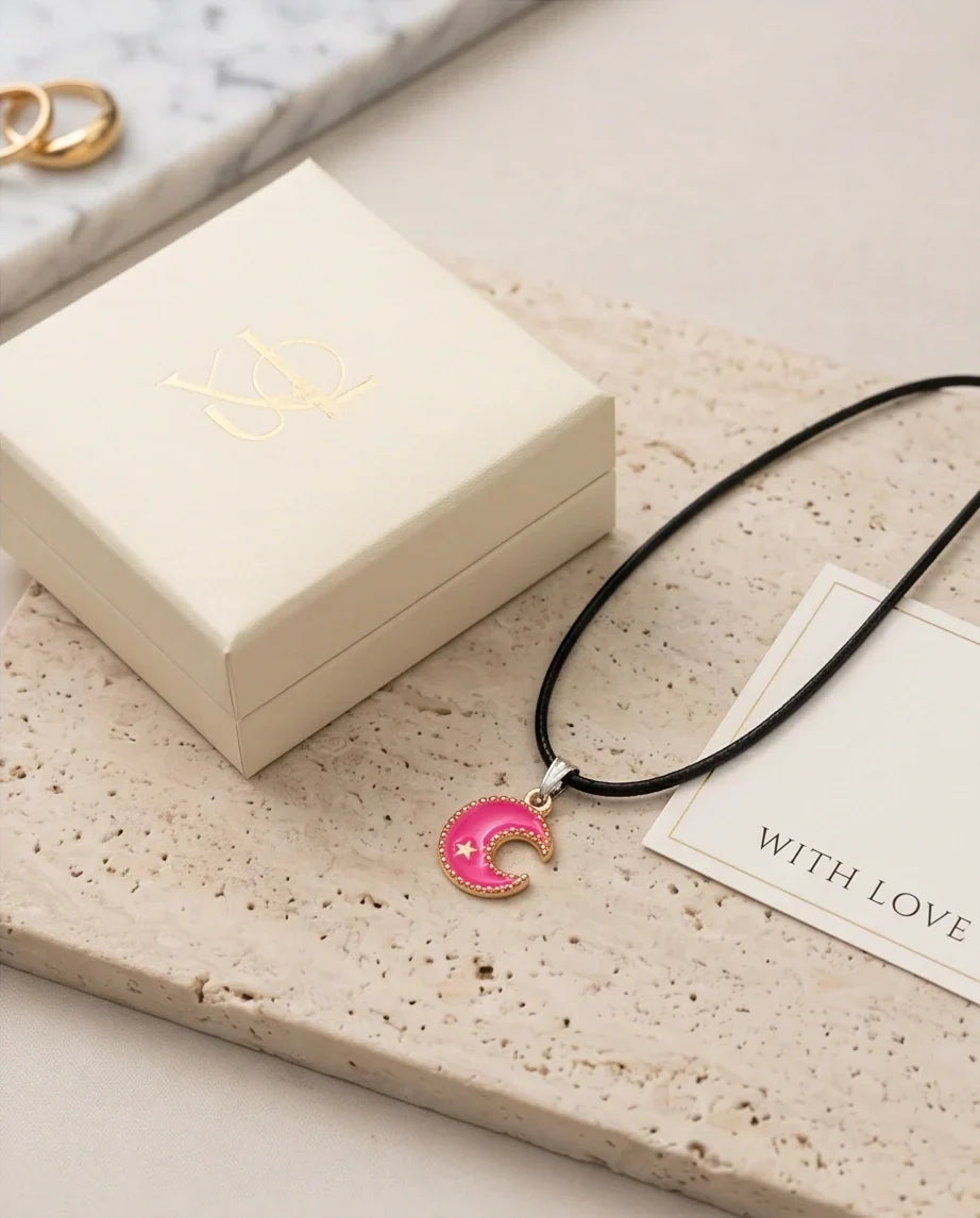 Gold and Pink Celestial Crescent Moon Necklace